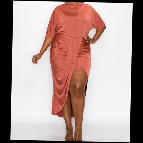 The Lexi Rust Ruched High Low Dress - Picture 4 of 4